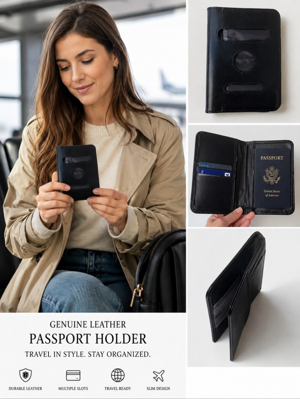 Passport Cover Genuine Black Buffered Italian Soft Leather Unisex Vera Pele Rome